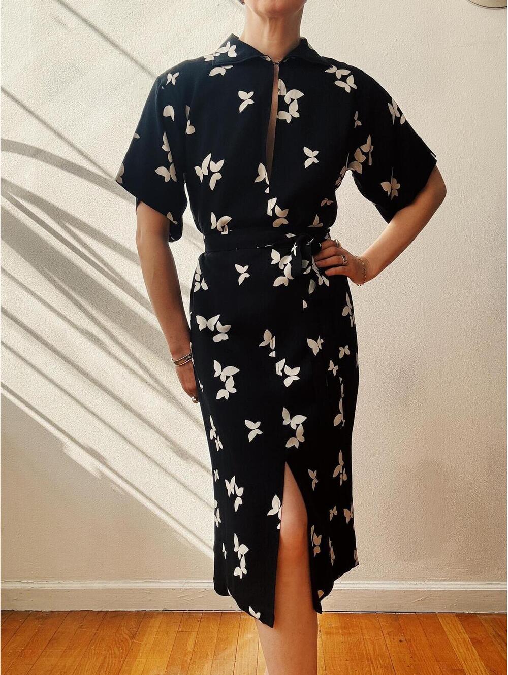 Rare Vintage 1978 Yves Saint Laurent Butterfly Print Silk Shirtdress